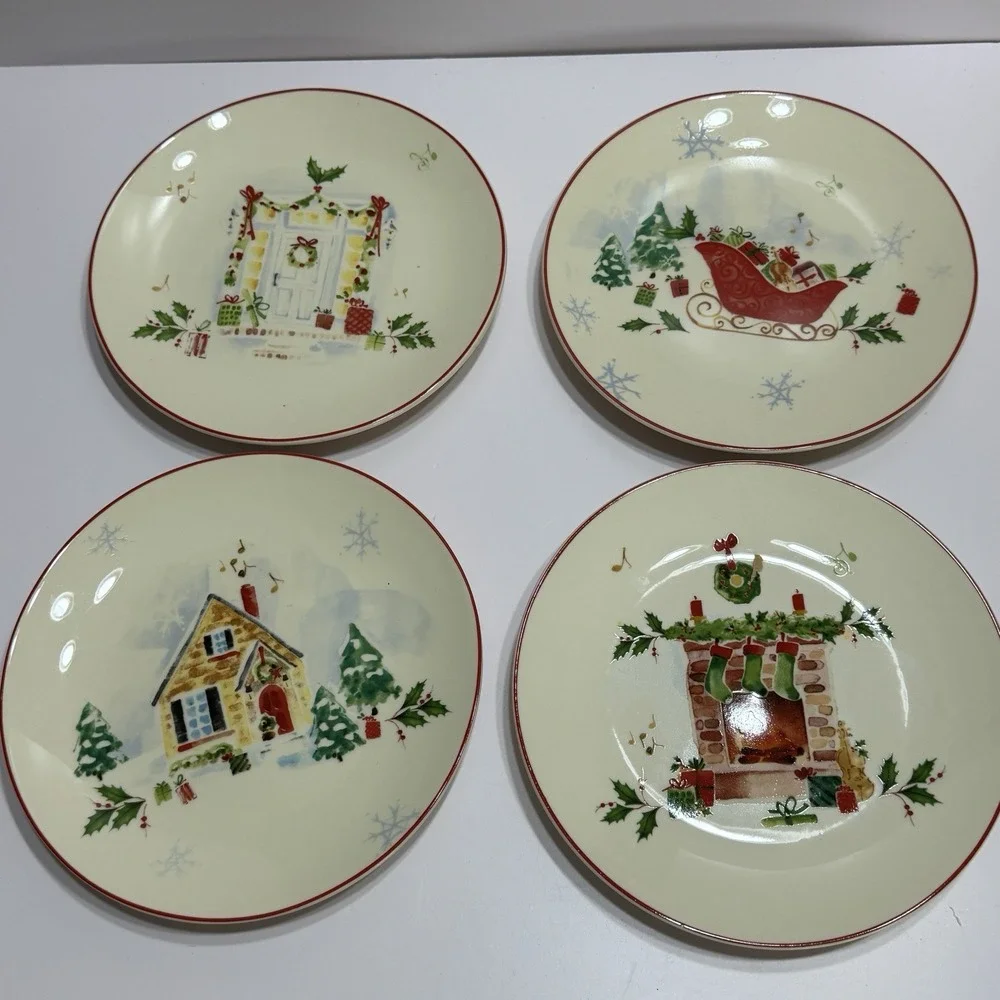 4 LENOX Christmas Dessert Plates Holiday Inspirations Illustrations Set Scenes